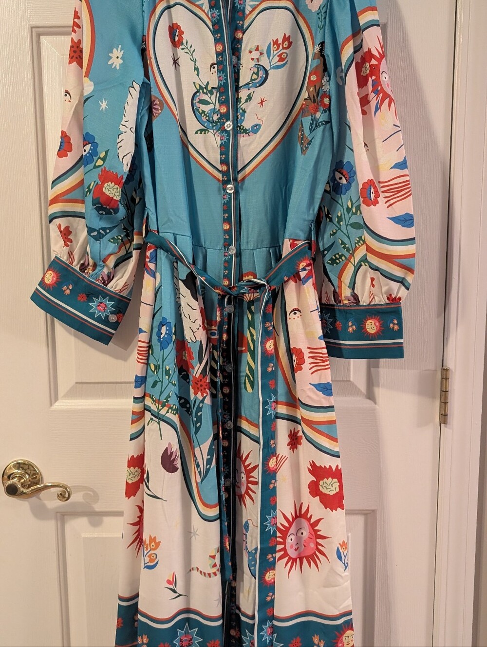 Bohemian Floral Heart Print Maxi Dress in Teal and Cream
